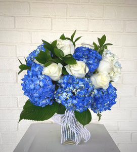 Blue Hydrangeas & White Roses